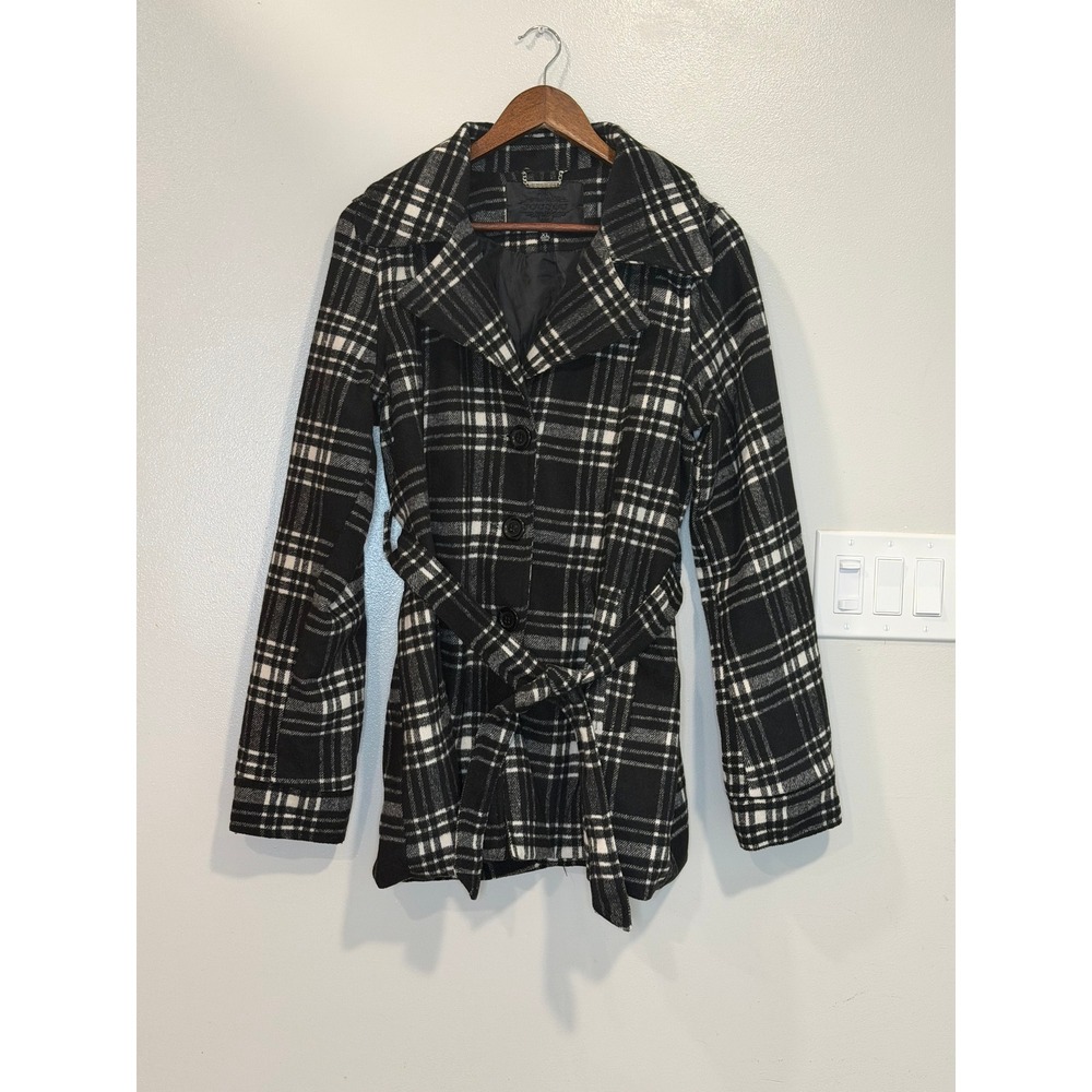 JouJou Womens Black White Plaid Belted Pea Coat Jacket XL RN 114542
